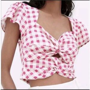 Zara Pink Plaid Twist Front Short Sleeve Crop‎ Top Size M